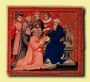 Marco Polo at the Kublai Khan. Miniature from the Travels of Marco Polo c 1298.